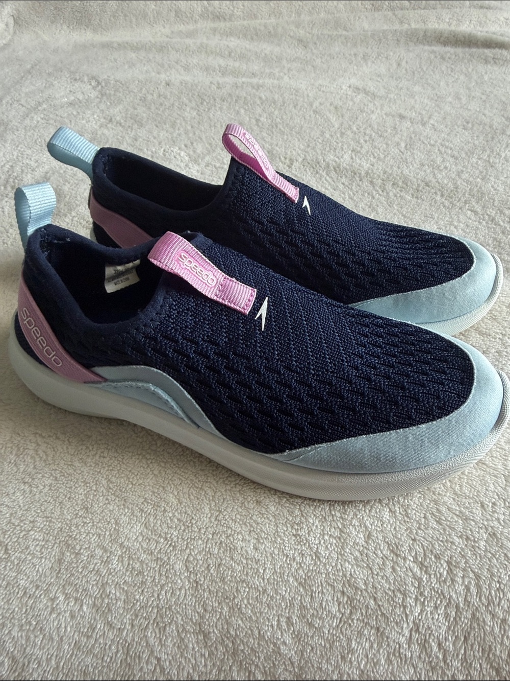 Speedo Navy Knit Slip-On Sneakers with Light Blue and Pink Accents